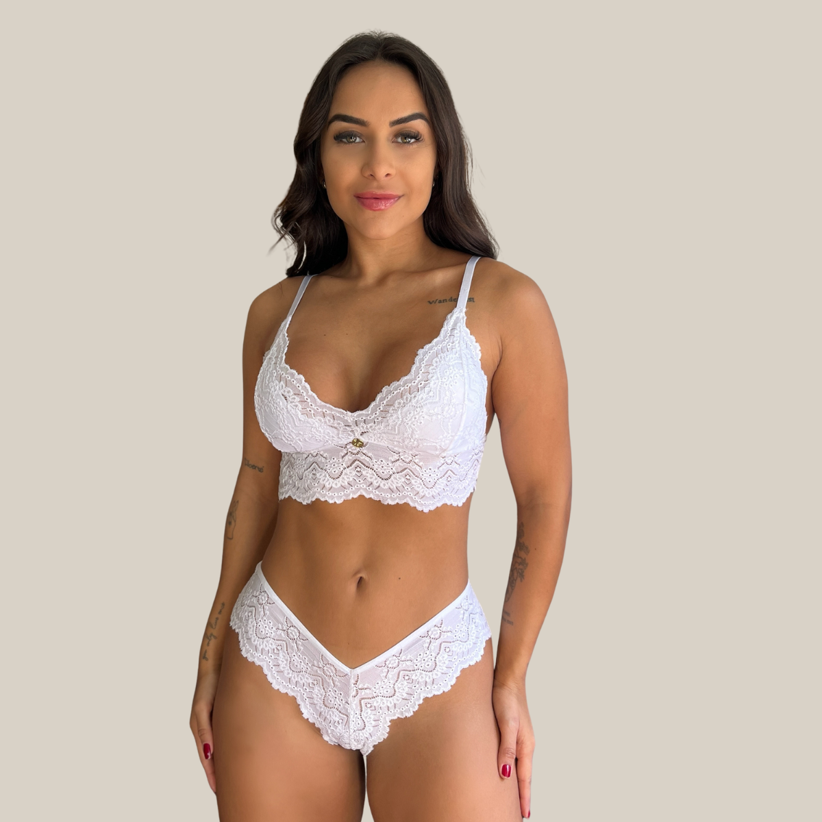 Conjunto de Calcinha Fio Dental e Sutiã Sem Bojo Feminino Sexy Rendado Sem Bojo em Renda Premium - Eliana Luz