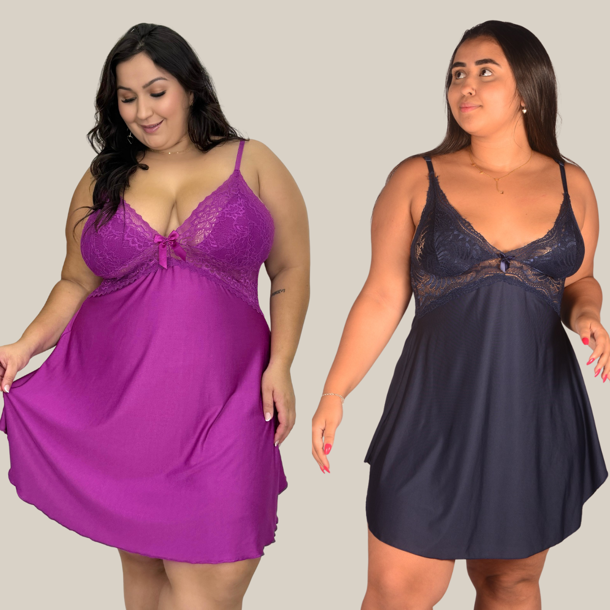 Kit 2 Camisolas Pijama Feminino Plus Size Sensual Sem Bojo Lisa Curta com Renda Premium - Eliana Luz