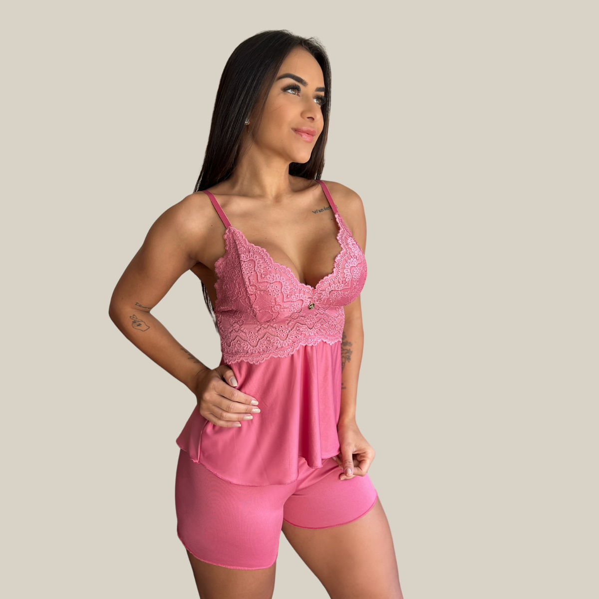 Kit Duo Pijama Baby Doll e Conjunto Calcinha e Sutiã Lingerie Renda Feminino Sexy - Eliana Luz