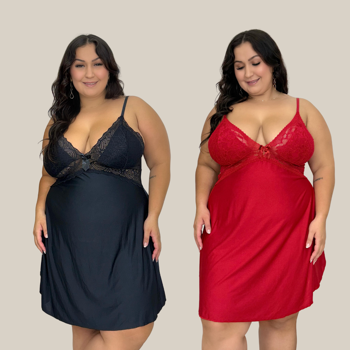 Kit 2 Camisolas Pijama Feminino Plus Size Sensual Sem Bojo Lisa Curta com Renda Premium - Eliana Luz