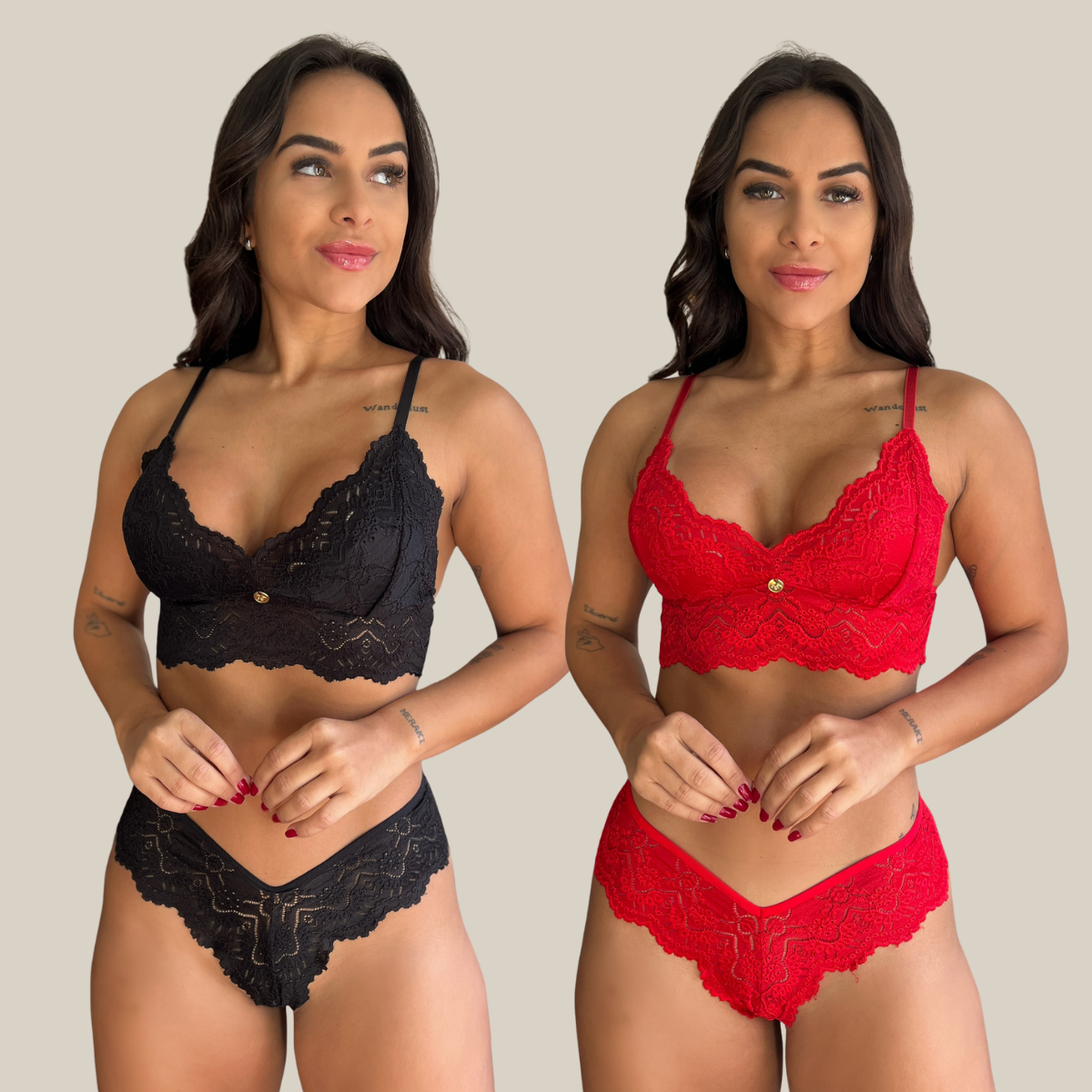 Kit 2 Conjuntos de Sutiã e Calcinha Fio Dental Feminina Sensual Rendada em Renda Premium - Eliana Luz