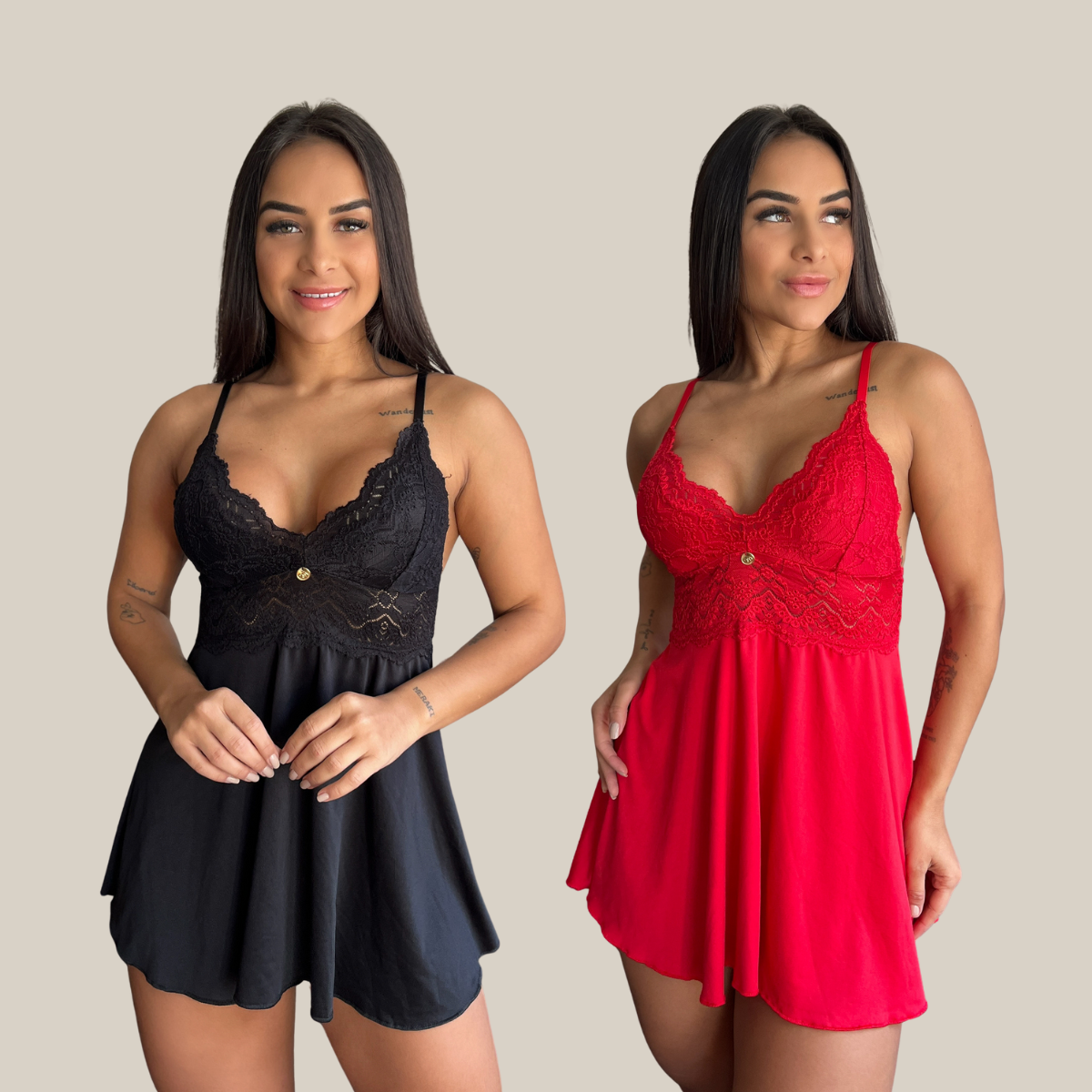 Kit 2 Camisolas Baby Doll Feminina Sensual Sem Bojo Rendada Lingerie Pijama Linha Noite - Eliana Luz