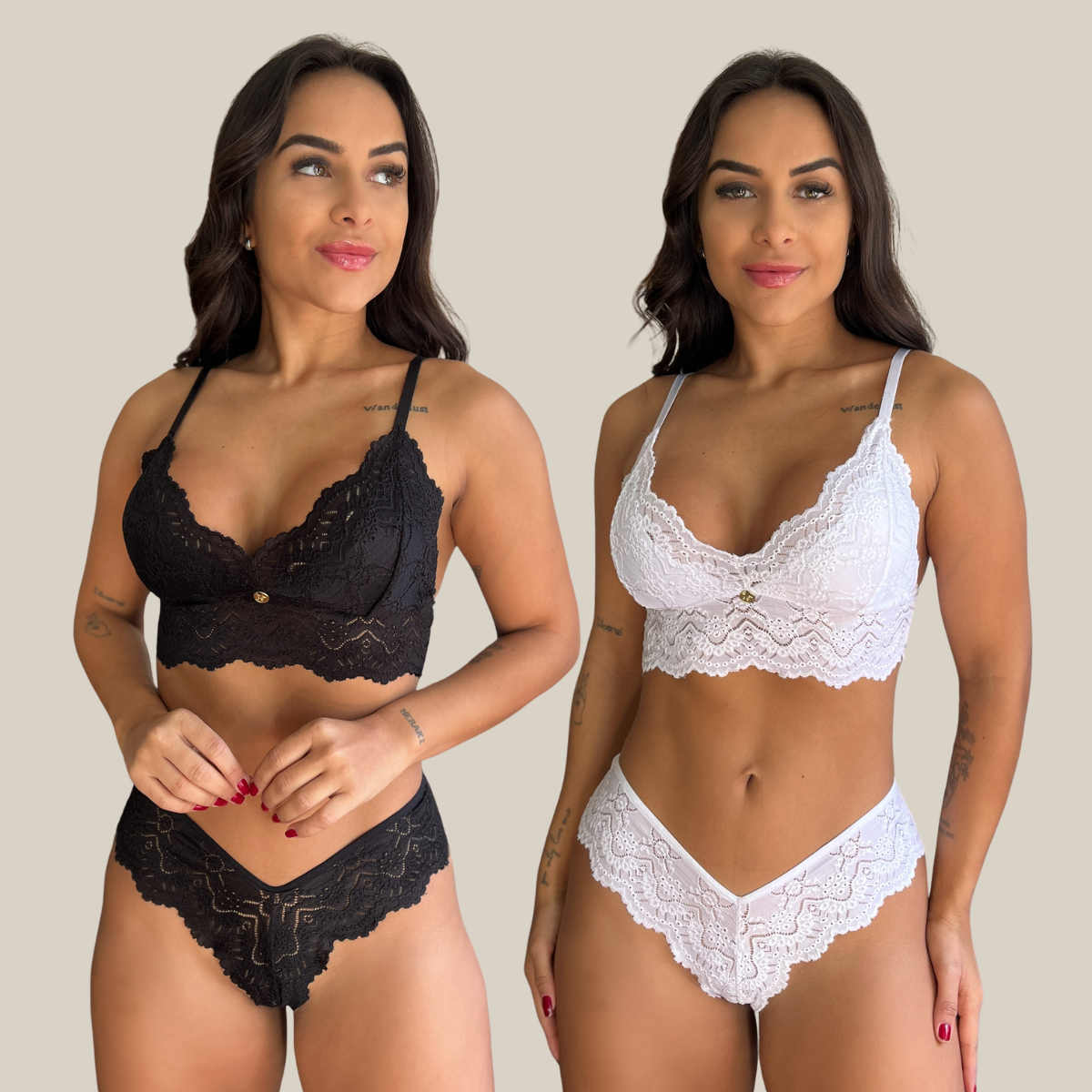 Kit 2 Conjuntos de Sutiã e Calcinha Fio Dental Feminina Sensual Rendada em Renda Premium - Eliana Luz