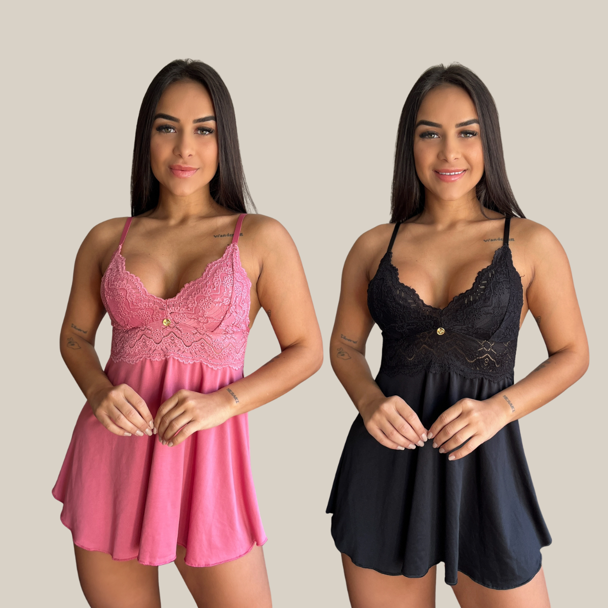 Kit 2 Camisolas Baby Doll Feminina Sensual Sem Bojo Rendada Lingerie Pijama Linha Noite - Eliana Luz