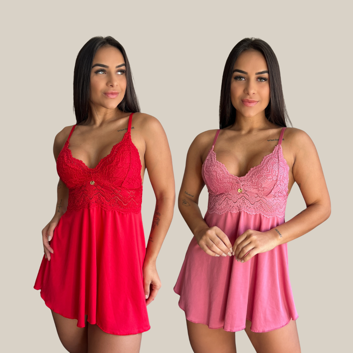 Kit 2 Camisolas Baby Doll Feminina Sensual Sem Bojo Rendada Lingerie Pijama Linha Noite - Eliana Luz