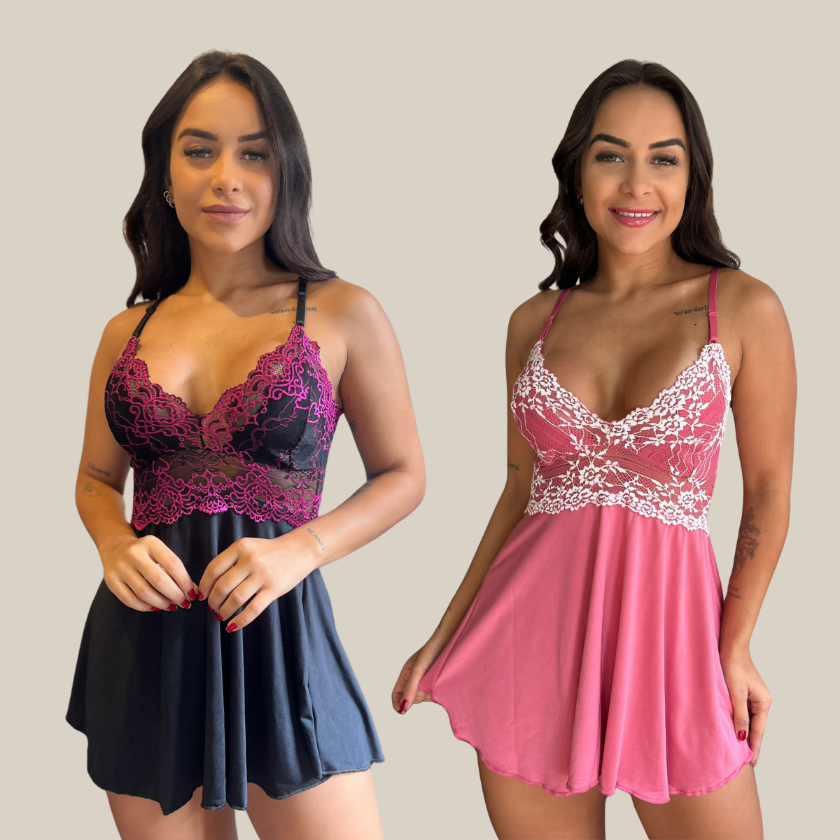Kit 2 Camisolas Lingerie Feminina Sexy Rendada com Decote Profundo em Renda e Tule Premium - Eliana Luz