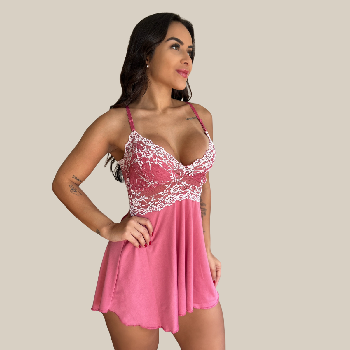 Camisola Lingerie Feminina Sexy Rendada com Decote Profundo em Renda e Tule Premium - Eliana Luz