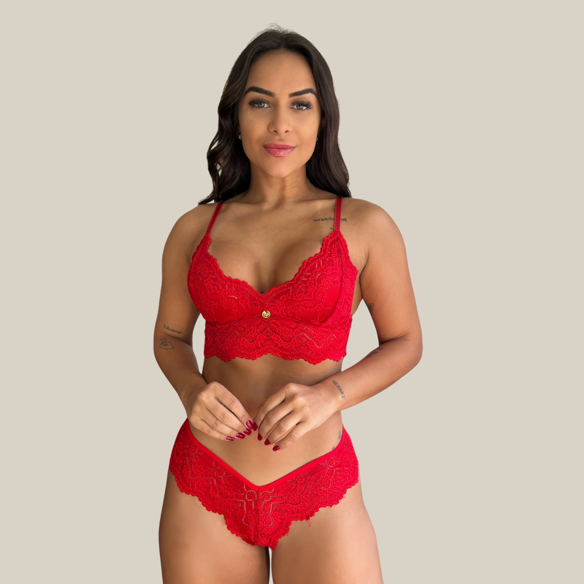 Kit Trio Camisola Baby Doll e Conjunto Feminino Sensual Sem Bojo Fio Dental em Renda Premium - Eliana Luz