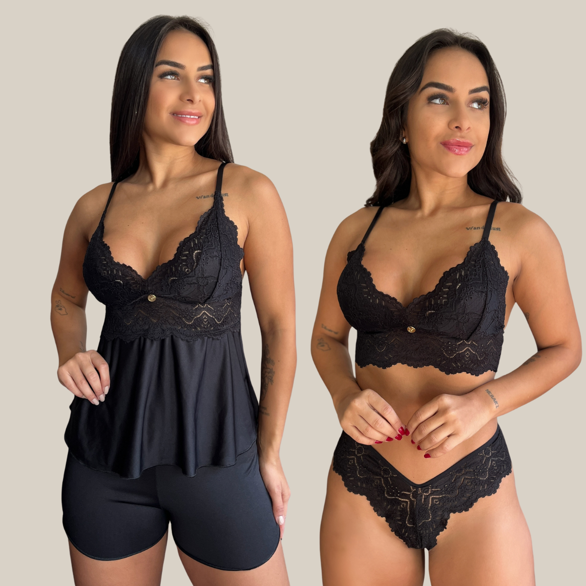Kit Duo Pijama Baby Doll e Conjunto Calcinha e Sutiã Lingerie Renda Feminino Sexy - Eliana Luz