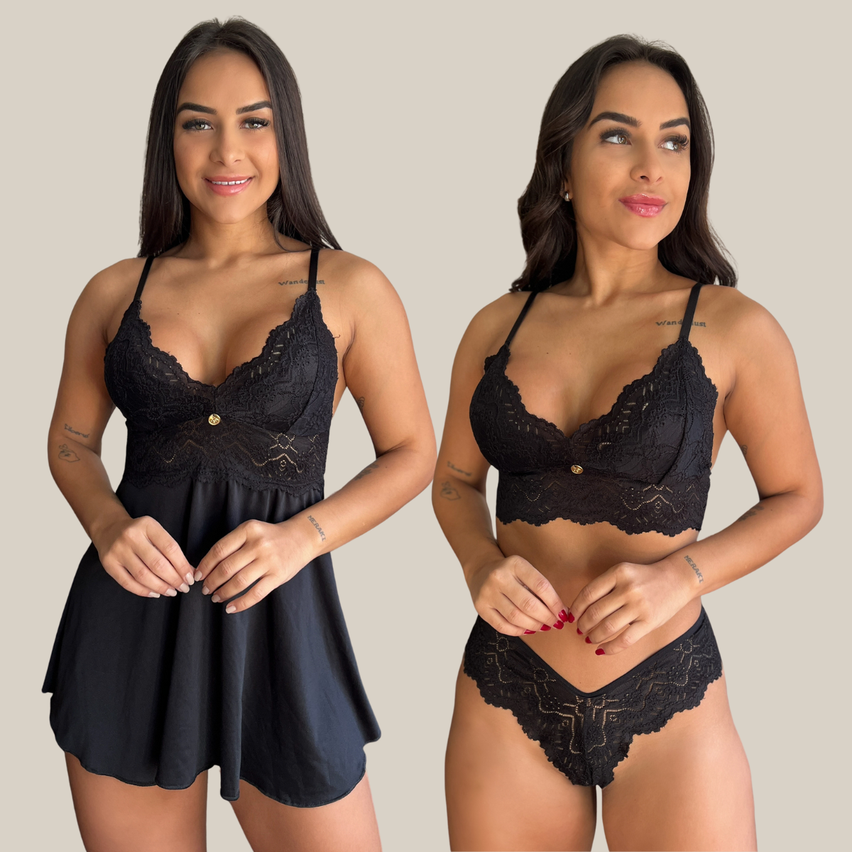Kit Duo Camisola e Conjunto Lingerie Feminina Sensual Sem Bojo Fio Dental em Renda Premium - Eliana Luz