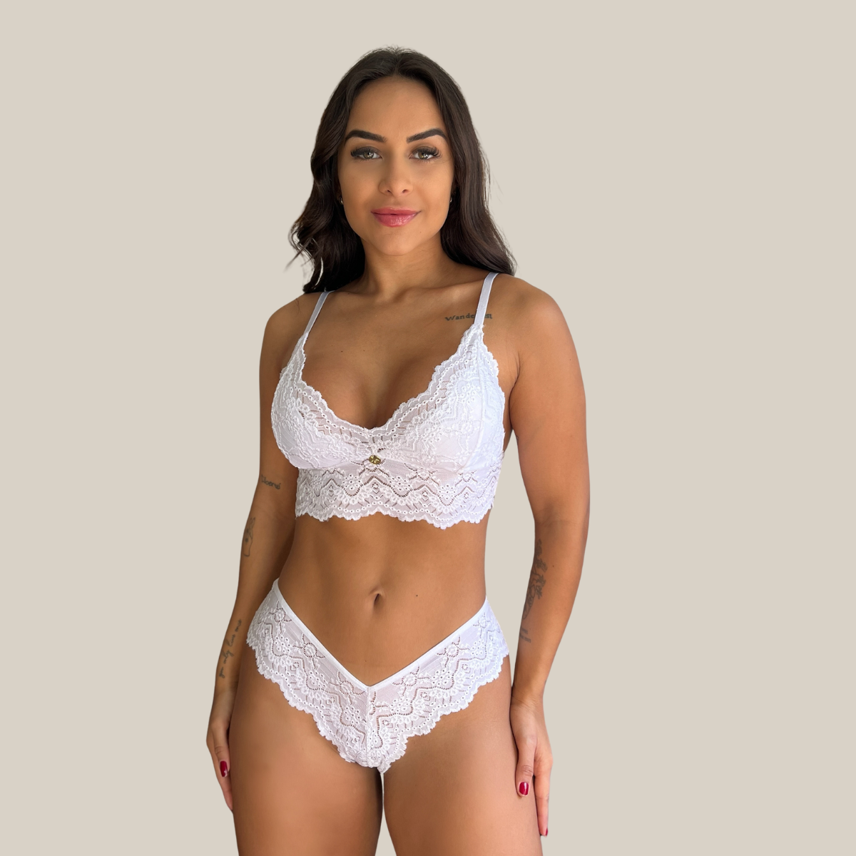 Kit Trio Camisola Baby Doll e Conjunto Feminino Sensual Sem Bojo Fio Dental em Renda Premium - Eliana Luz