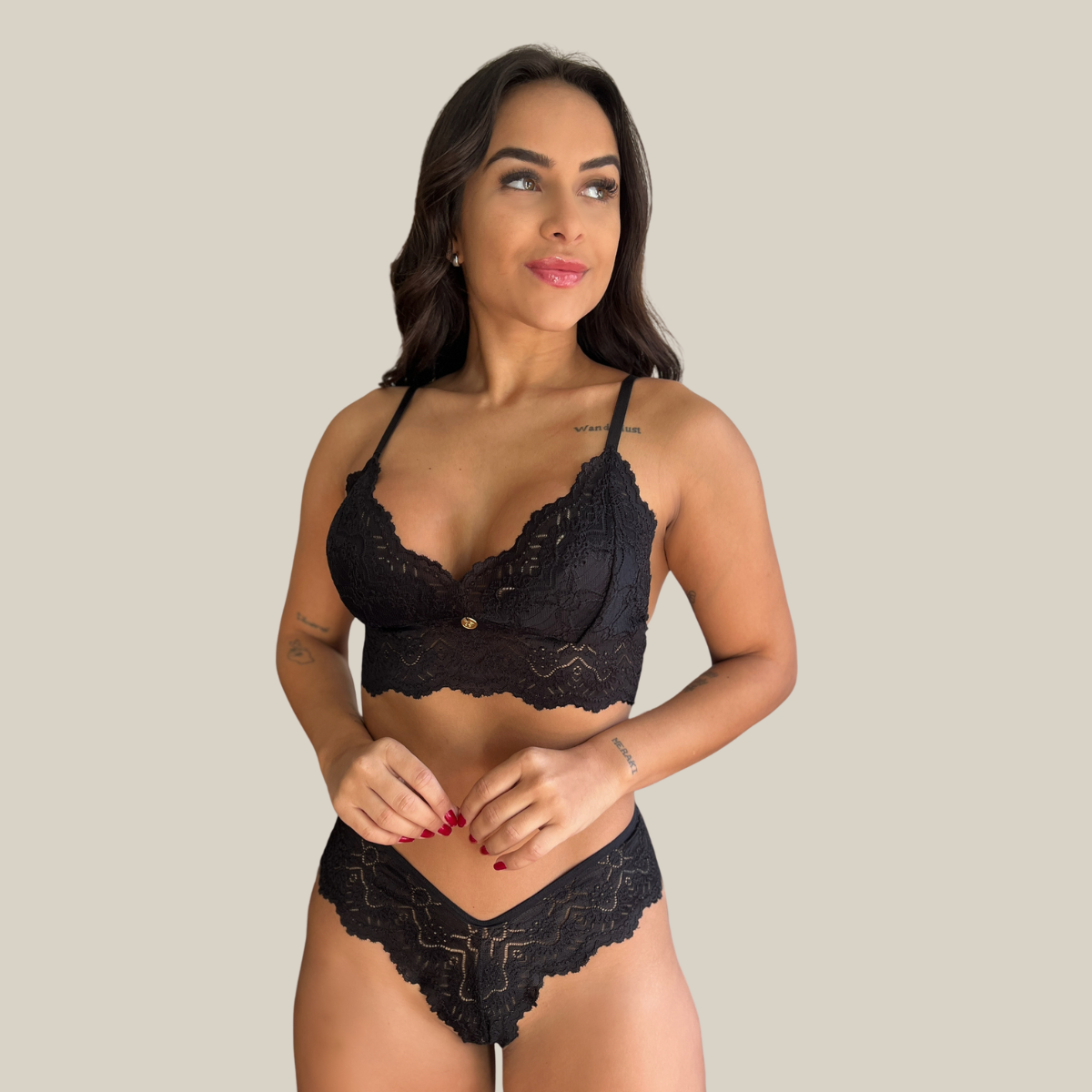 Kit Trio Camisola Baby Doll e Conjunto Feminino Sensual Sem Bojo Fio Dental em Renda Premium - Eliana Luz