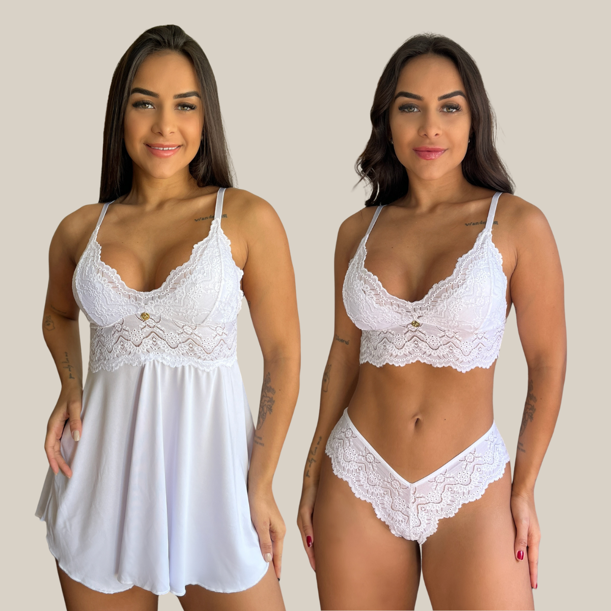 Kit Duo Camisola e Conjunto Lingerie Feminina Sensual Sem Bojo Fio Dental em Renda Premium - Eliana Luz