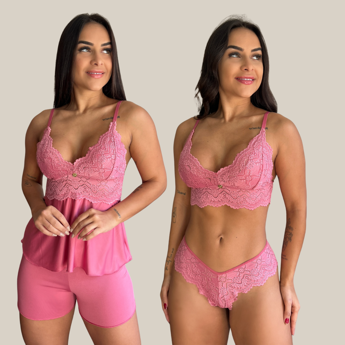Kit Duo Pijama Baby Doll e Conjunto Calcinha e Sutiã Lingerie Renda Feminino Sexy - Eliana Luz