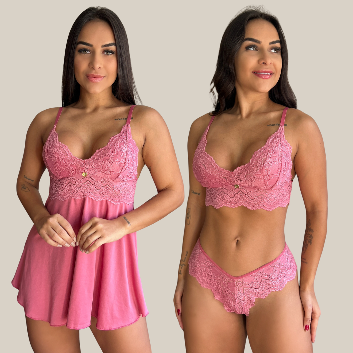 Kit Duo Camisola e Conjunto Lingerie Feminina Sensual Sem Bojo Fio Dental em Renda Premium - Eliana Luz