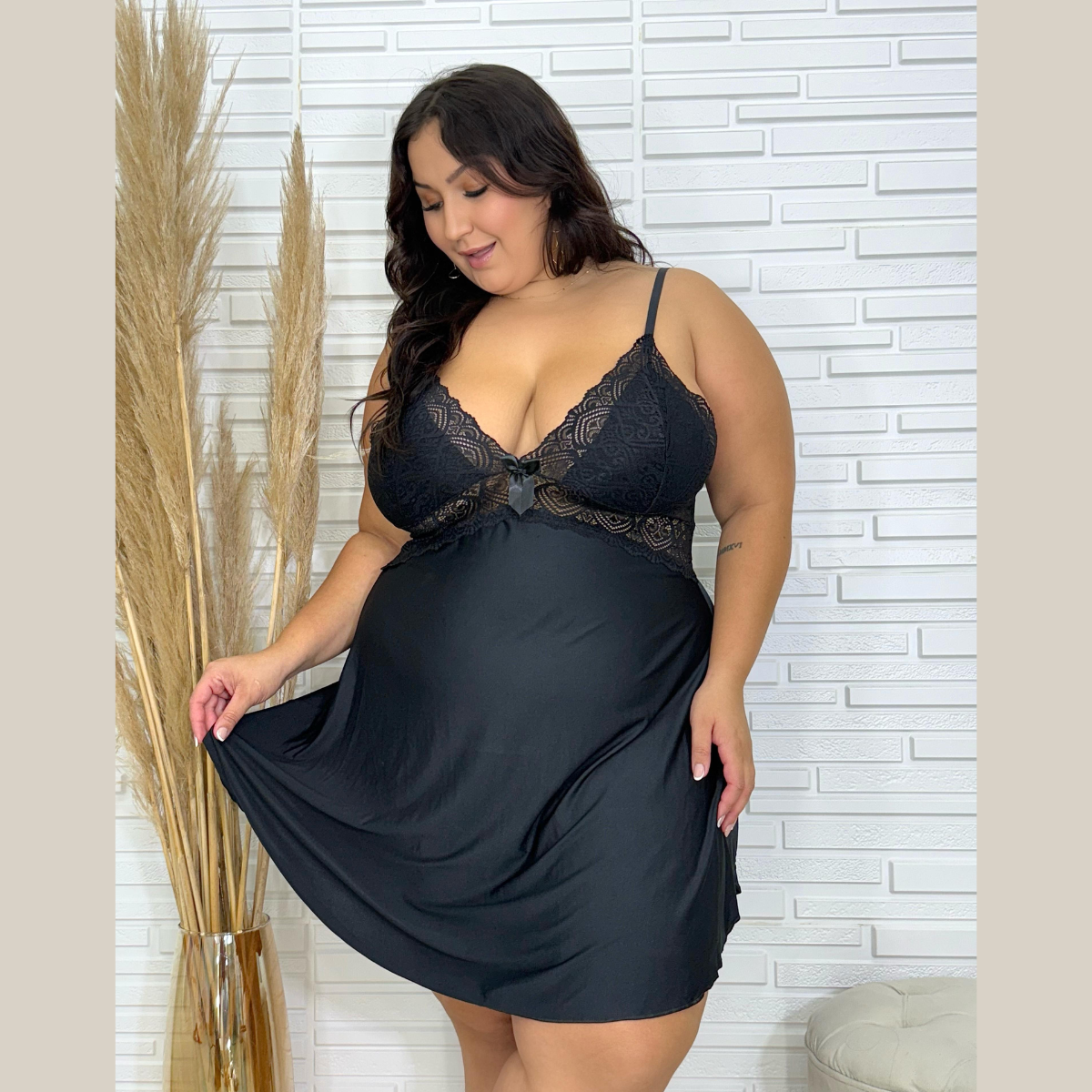 Camisola Babydoll Feminina Plus Size Sensual Sem Bojo Lisa com Renda em Microfibra Premium - Eliana Luz