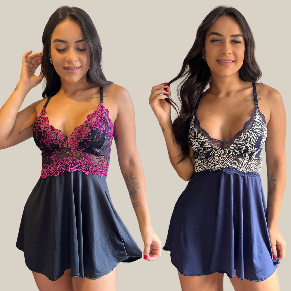 Kit 2 Camisolas Lingerie Feminina Pijama Sexy Rendado com Decote Profundo em Renda Premium - Eliana Luz