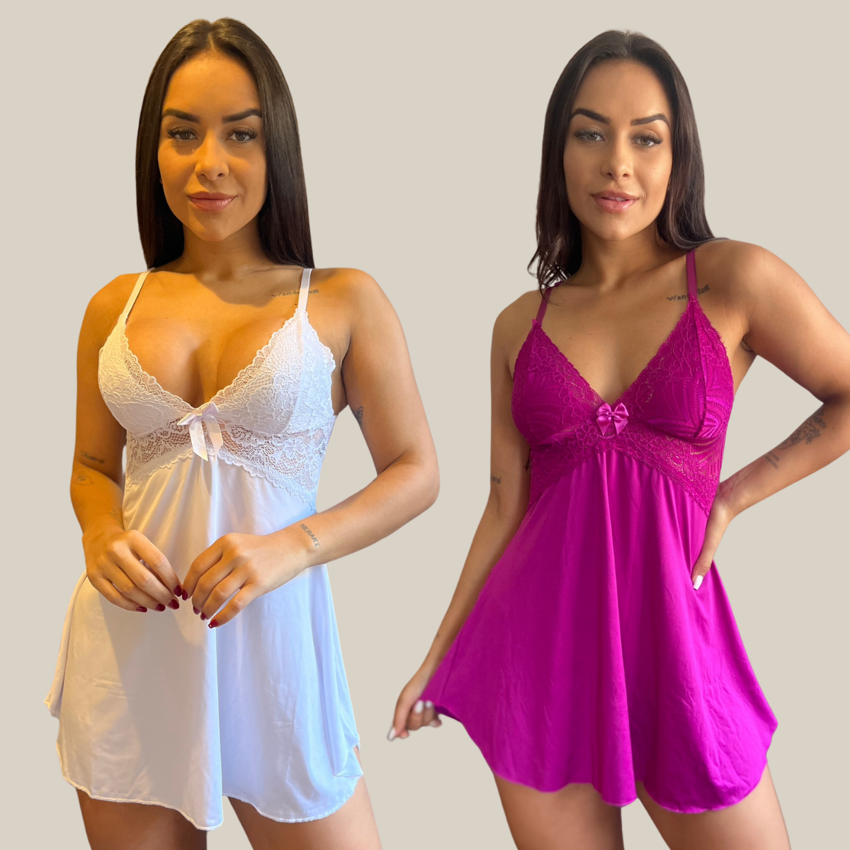 Kit 2 Camisolas Baby Doll Feminina Sensual Sem Bojo Rendada Lingerie Linha Noite - Eliana Luz