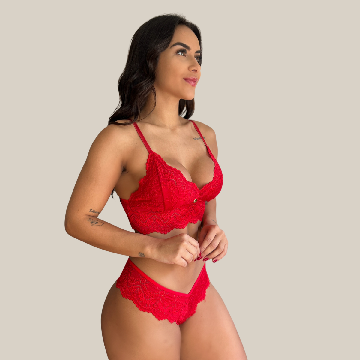 Conjunto de Calcinha Fio Dental e Sutiã Feminino Sexy Rendado Sem Bojo em Renda Premium - Eliana Luz