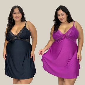 Kit 2 Camisolas Pijama Feminino Plus Size Sensual Sem Bojo Lisa Curta com Renda Premium - Eliana Luz