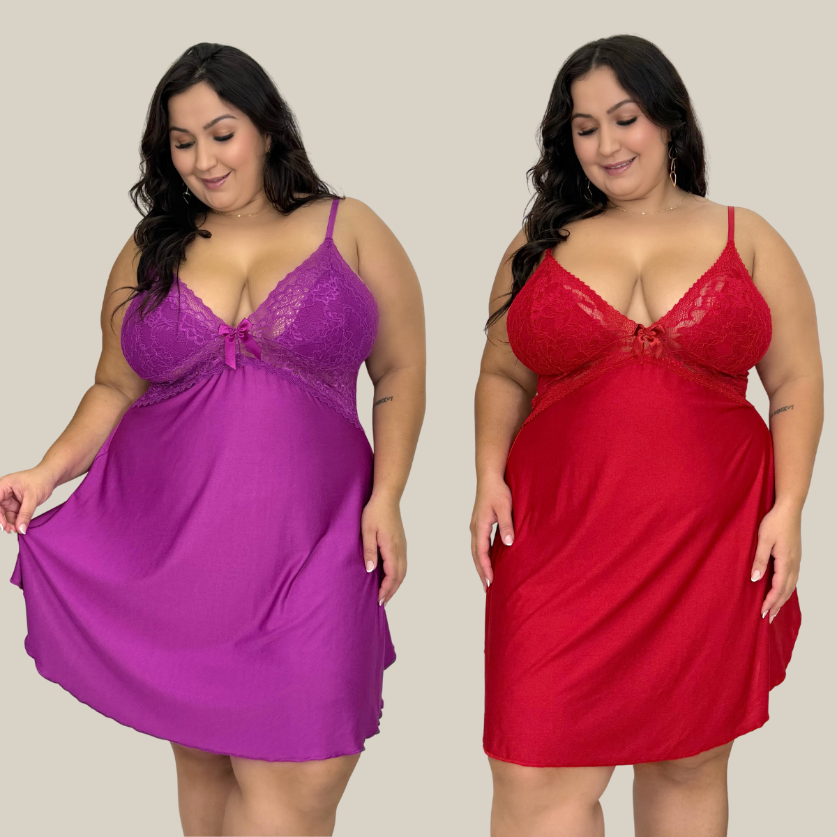 Kit 2 Camisolas Pijama Feminino Plus Size Sensual Sem Bojo Lisa Curta com Renda Premium - Eliana Luz