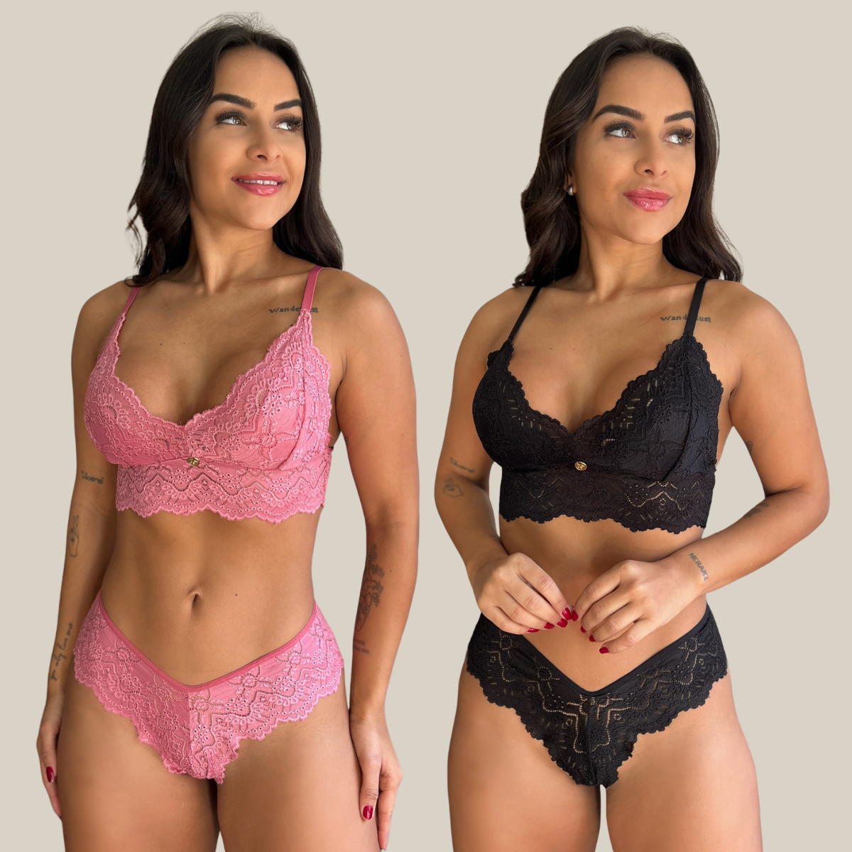 Kit 2 Conjuntos de Sutiã e Calcinha Fio Dental Feminina Sensual Rendada em Renda Premium - Eliana Luz