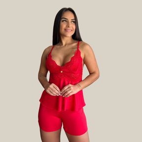 Kit Trio Camisola Baby Doll e Conjunto Feminino Sensual Sem Bojo Fio Dental em Renda Premium - Eliana Luz