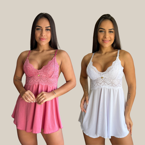 Kit 2 Camisolas Baby Doll Feminina Sensual Sem Bojo Rendada Lingerie Pijama Linha Noite - Eliana Luz