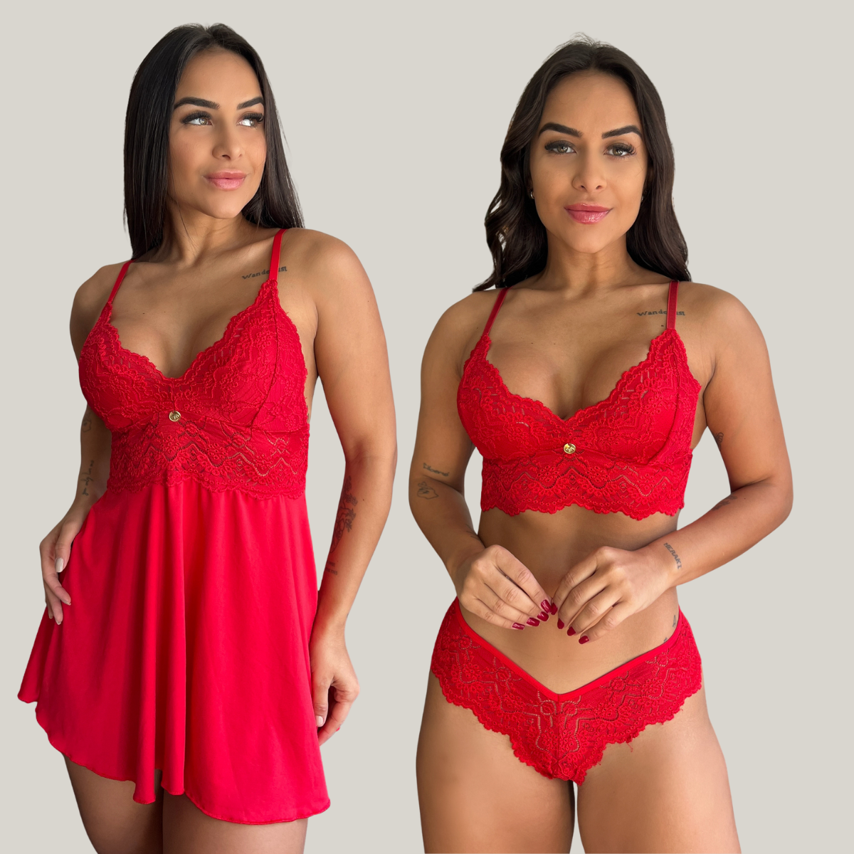 Kit Duo Camisola e Conjunto Lingerie Feminina Sensual Sem Bojo Fio Dental em Renda Premium - Eliana Luz