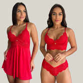 Kit Duo Camisola e Conjunto Lingerie Feminina Sensual Sem Bojo Fio Dental em Renda Premium - Eliana Luz