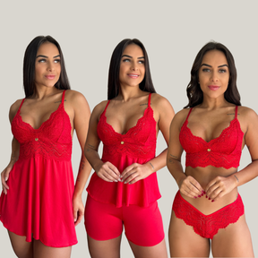 Kit Trio Camisola Baby Doll e Conjunto Feminino Sensual Sem Bojo Fio Dental em Renda Premium - Eliana Luz