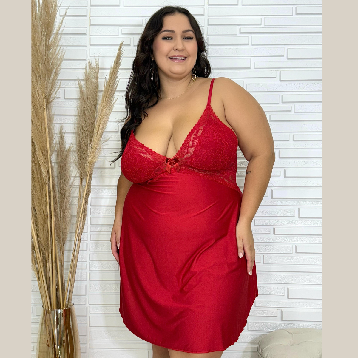 Camisola Babydoll Feminina Plus Size Sensual Sem Bojo Lisa com Renda em Microfibra Premium - Eliana Luz