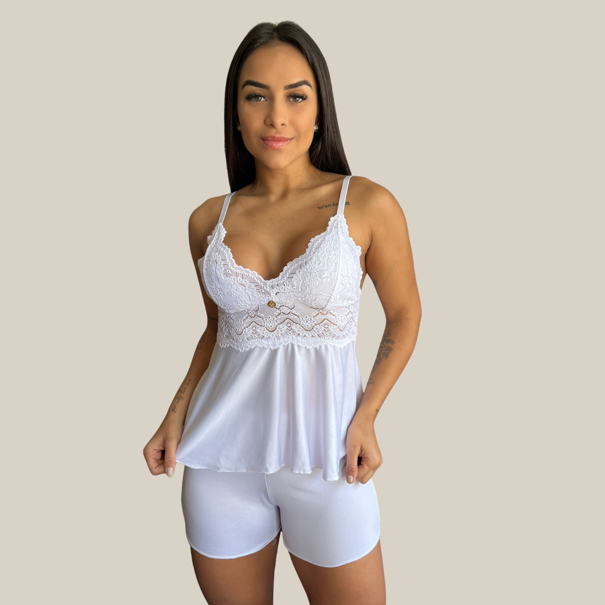 Kit Trio Camisola Baby Doll e Conjunto Feminino Sensual Sem Bojo Fio Dental em Renda Premium - Eliana Luz