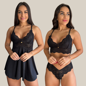 Kit Duo Camisola e Conjunto Lingerie Feminina Sensual Sem Bojo Fio Dental em Renda Premium - Eliana Luz