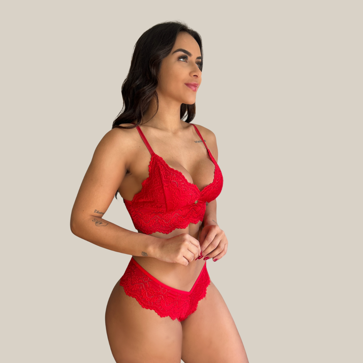 Kit Trio Camisola Baby Doll e Conjunto Feminino Sensual Sem Bojo Fio Dental em Renda Premium - Eliana Luz