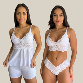 Kit Duo Pijama Baby Doll e Conjunto Calcinha e Sutiã Lingerie Renda Feminino Sexy  - Eliana Luz