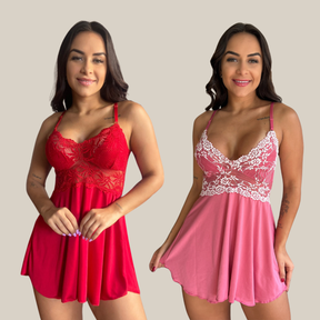 Kit 2 Camisolas Lingerie Feminina Sexy Rendada com Decote Profundo em Renda e Tule Premium - Eliana Luz