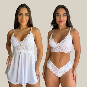 Kit Duo Camisola e Conjunto Lingerie Feminina Sensual Sem Bojo Fio Dental em Renda Premium - Eliana Luz