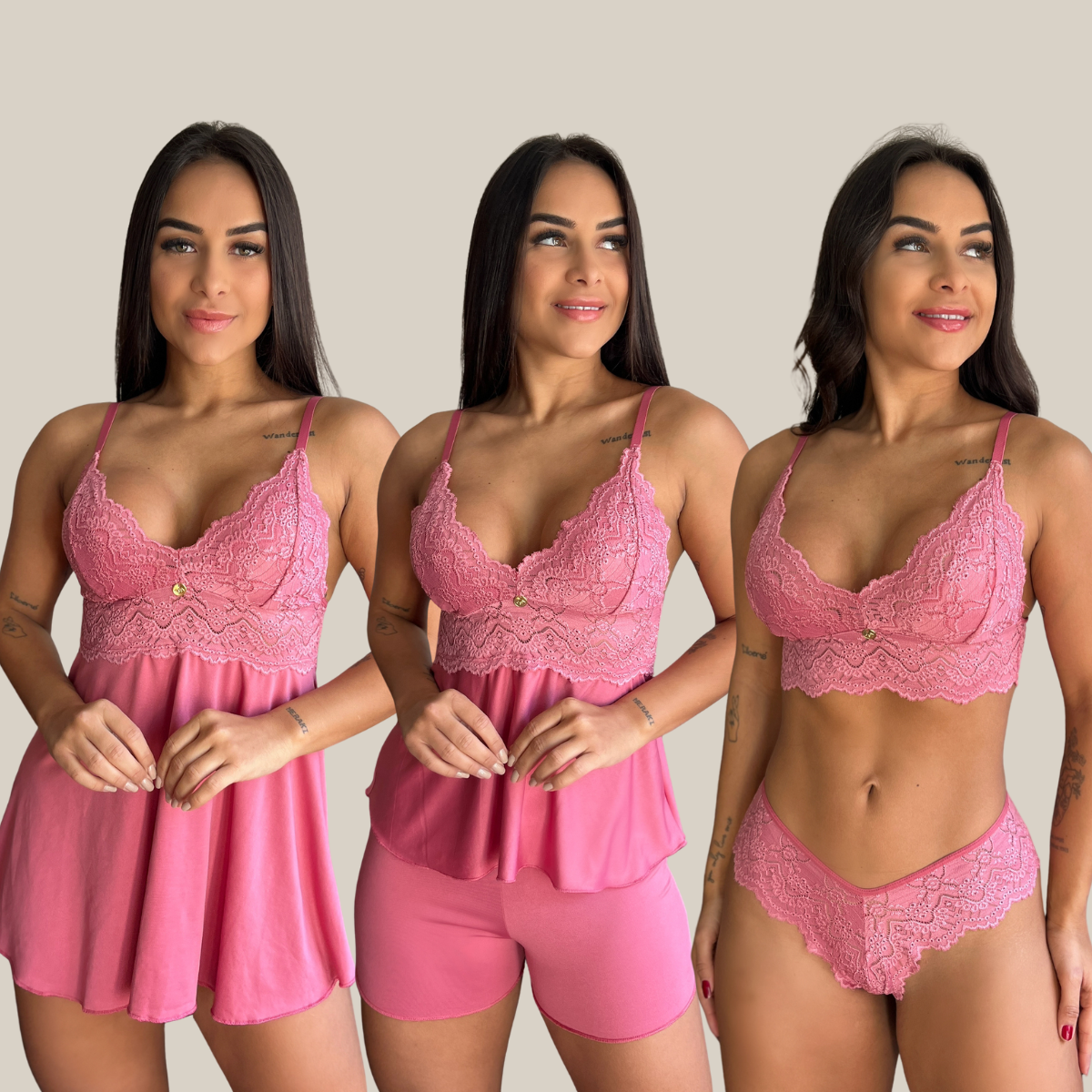 Kit Trio Camisola Baby Doll e Conjunto Feminino Sensual Sem Bojo Fio Dental em Renda Premium - Eliana Luz
