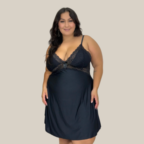 Camisola Babydoll Feminina Plus Size Sensual Sem Bojo Lisa com Renda em Microfibra Premium - Eliana Luz