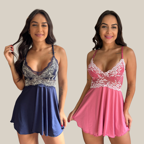 Kit 2 Camisolas Lingerie Feminina Pijama Sexy Rendado com Decote Profundo em Renda Premium - Eliana Luz