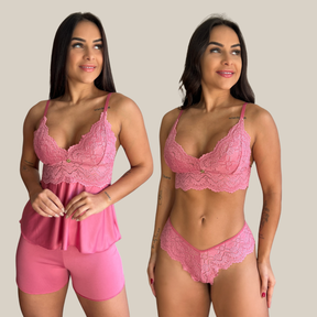 Kit Duo Pijama Baby Doll e Conjunto Calcinha e Sutiã Lingerie Renda Feminino Sexy  - Eliana Luz
