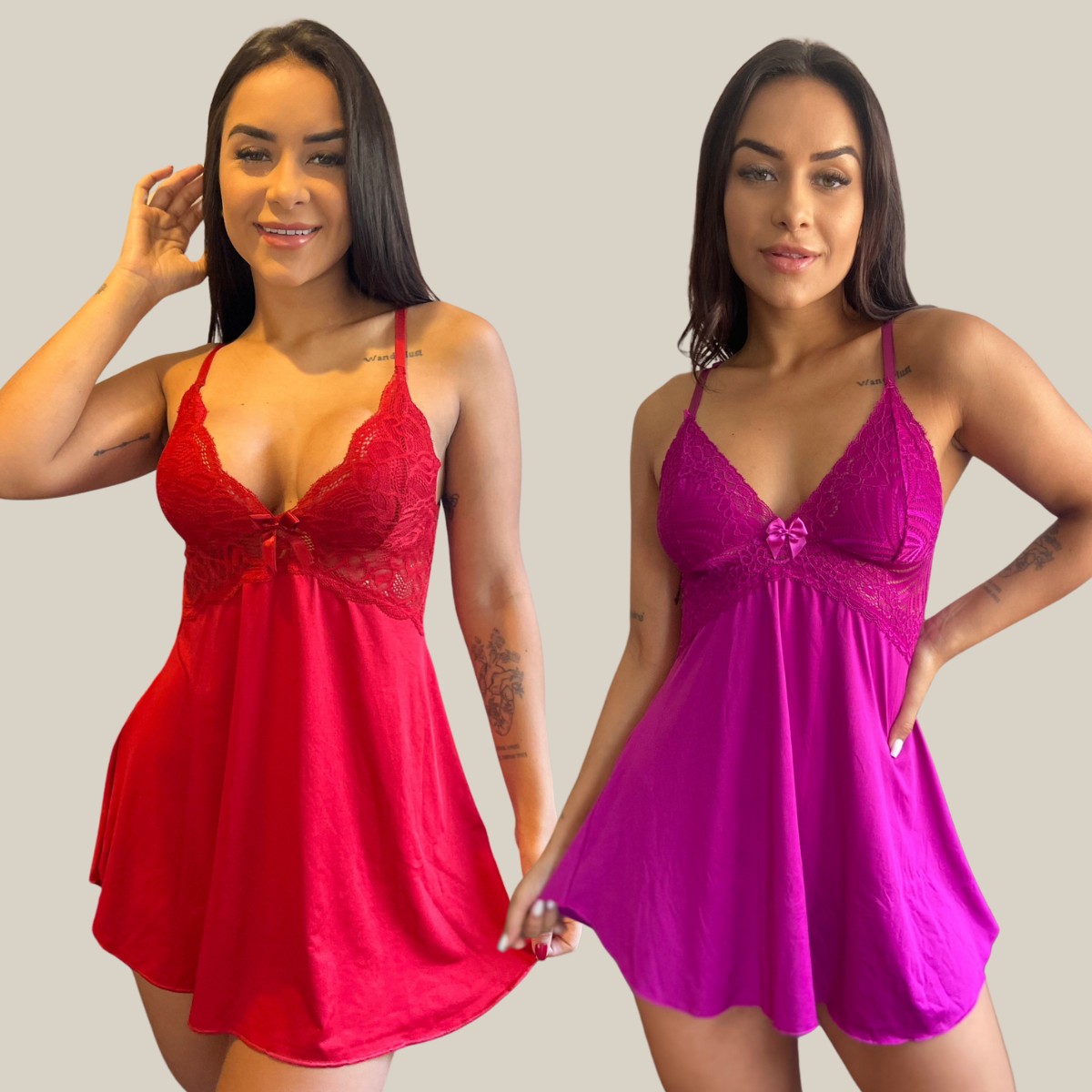 Kit 2 Camisolas Baby Doll Feminina Sensual Sem Bojo Rendada Lingerie Linha Noite - Eliana Luz