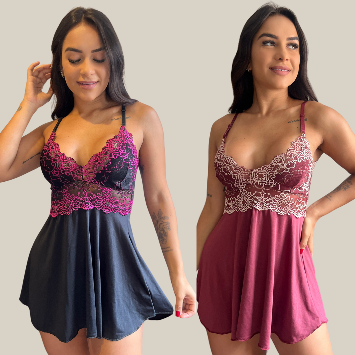Kit 2 Camisolas Lingerie Feminina Sexy Rendada com Decote Profundo em Renda e Tule Premium - Eliana Luz