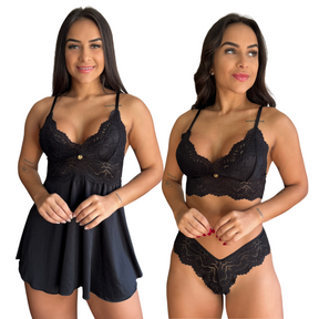 Kit Duo Camisola e Conjunto Lingerie Feminina Sensual Sem Bojo Fio Dental em Renda Premium - Eliana Luz