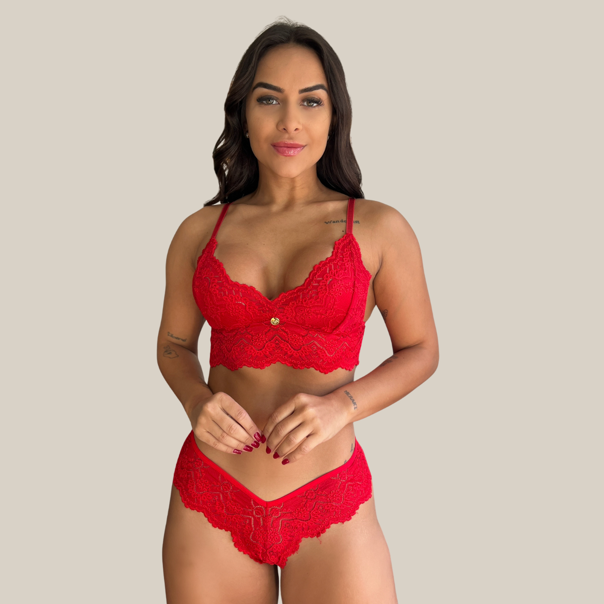 Conjunto de Calcinha Fio Dental e Sutiã Feminino Sexy Rendado Sem Bojo em Renda Premium - Eliana Luz