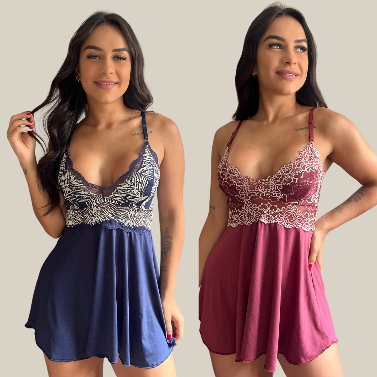 Kit 2 Camisolas Lingerie Feminina Pijama Sexy Rendado com Decote Profundo em Renda Premium - Eliana Luz