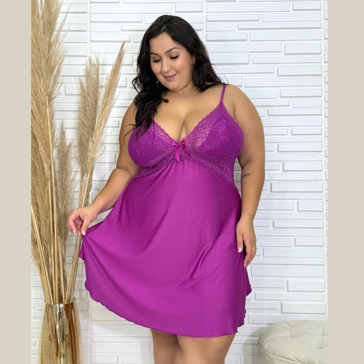 Camisola Babydoll Feminina Plus Size Sensual Sem Bojo Lisa com Renda em Microfibra Premium - Eliana Luz